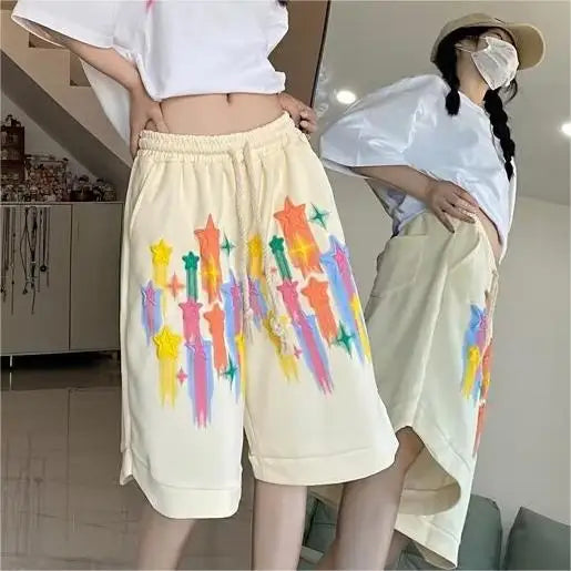 Hot Selling Women's Summer Sports Casual Pants Loose Wide Leg Star Puff Printed Shorts Embroidery Terry Fabric Drawstring Gym