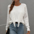 Customized 2022 New Fashion Casual Women's Pullover Knitted Sweater Solid Color round Neck Tassel Loose for Autumn and Winter