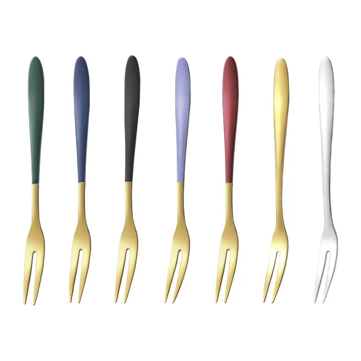 Customized Luxury Gold Colorful Handle Mini Fruit Fork Set Stainless Steel 304 Reusable Dessert Cake Fruit Fork for Gift MegaBDM