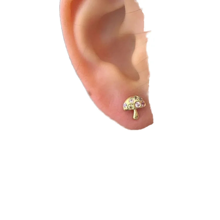 RUYI Women's 18k Yellow Gold Cute Mushroom Stud Diamond Earrings Gemstone Jewelry