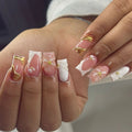 24 Pcs 3713 3D Sunflower Wearable Nails Simple French White Short Square Shape Nails Press on Nails Artificial Fingernails MegaBDM