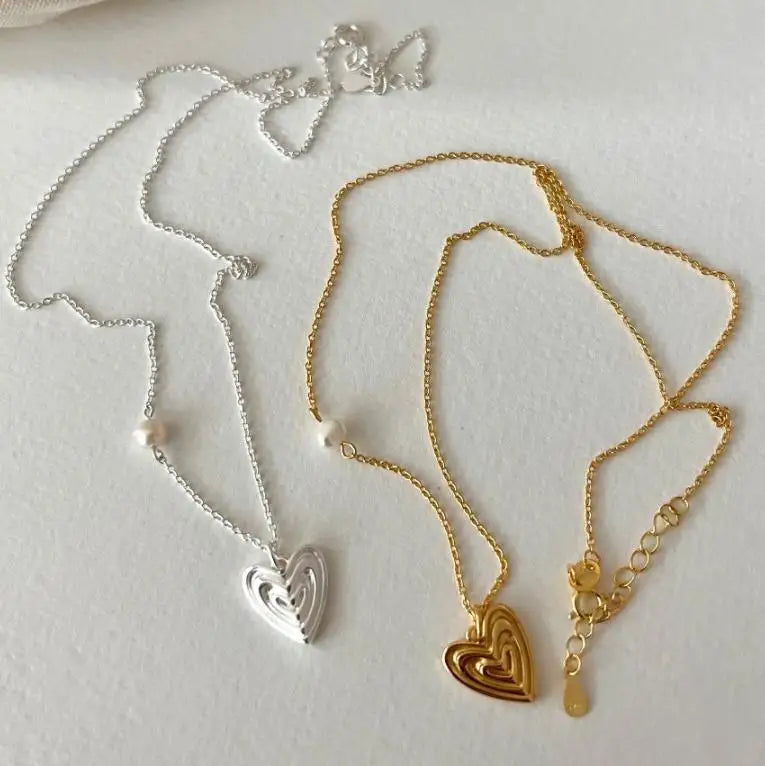 Gold Plated Irregular Pearl Multilayer Love Heart Pendant Necklace 925 Sterling Silver Pearl Heart Shape Necklace