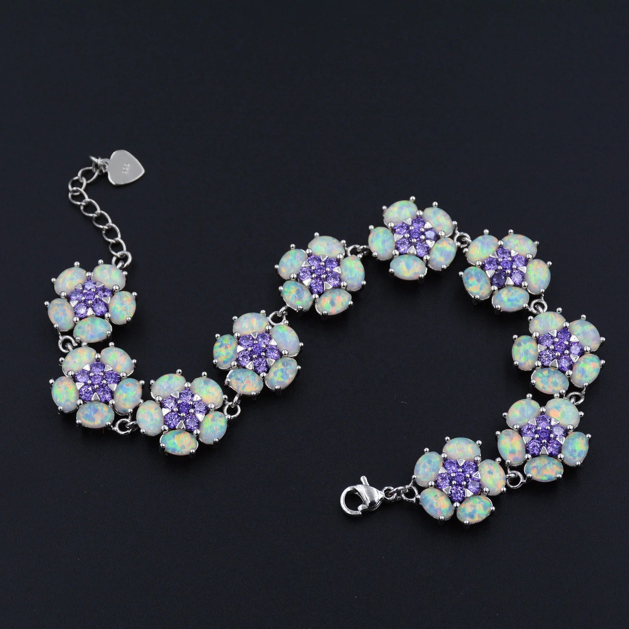 Charming Flower White Opal Link Chain Bracelet with Amethyst