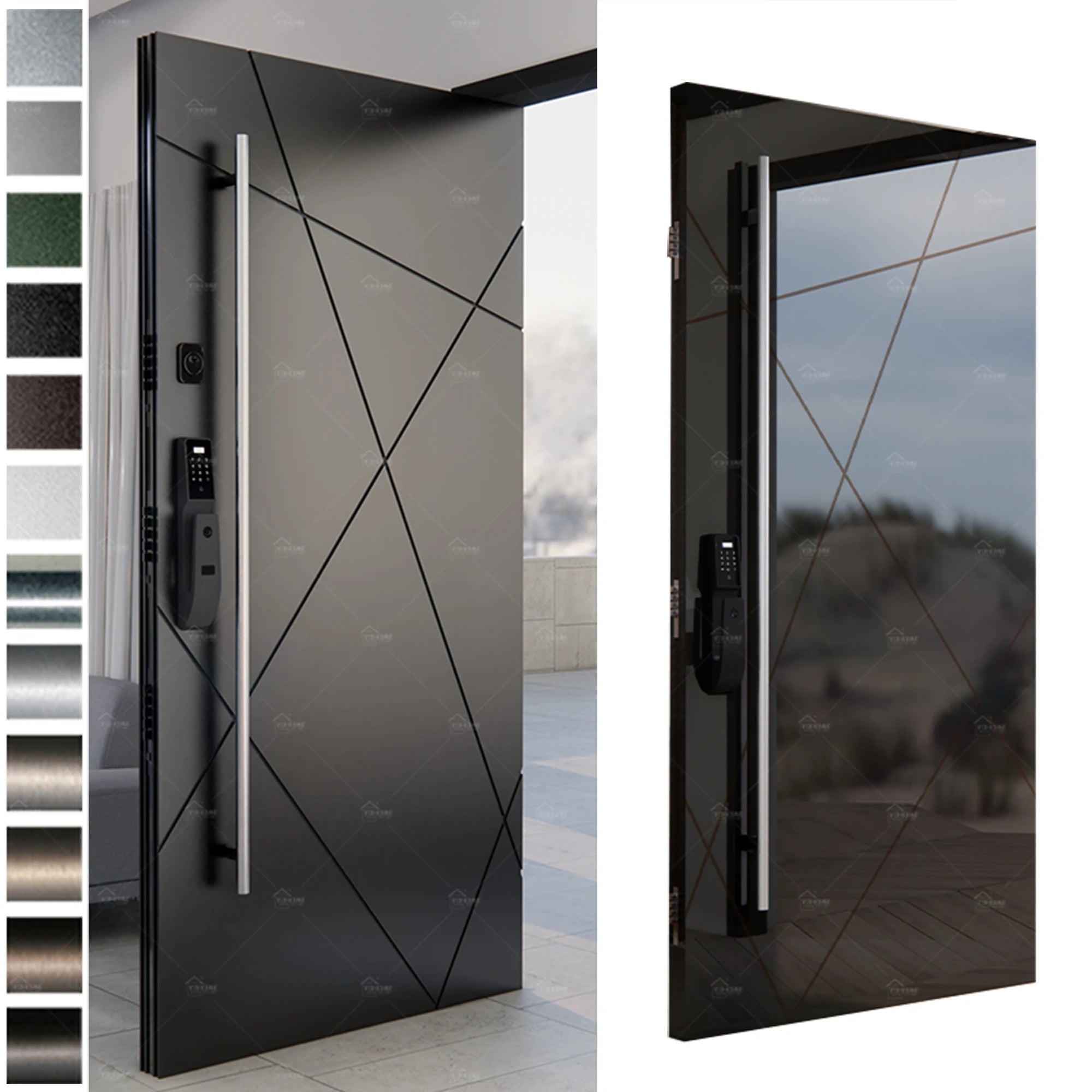 European Entry Doors Custom Smart Lock Modern Black Main Pivot Hotel Entrance Doors Cast Aluminum Exterior Large Pivot Door