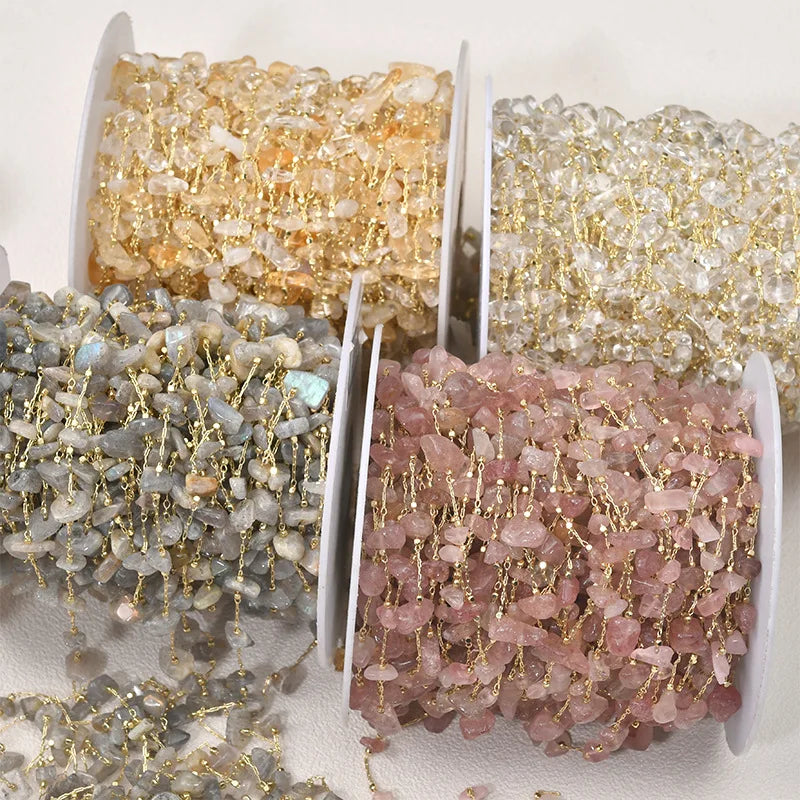 Copper Plated 14k Gold Natural Black Ash Moonstone Gravel Rolls Bead Chain for Jewelry Making