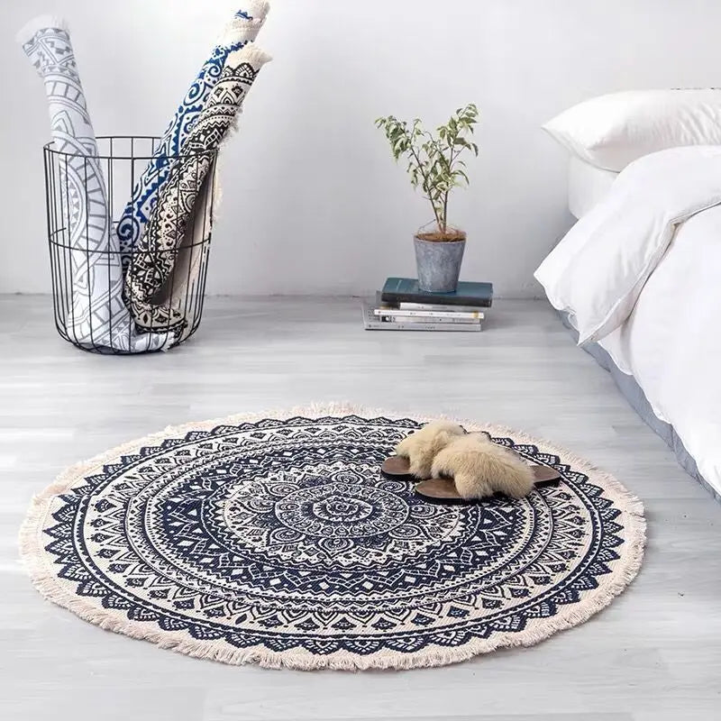 Customizable Moroccan Round Rug Mat New Design Geometric Hand Woven Cotton Linen with Tassel Machine Made Carpet