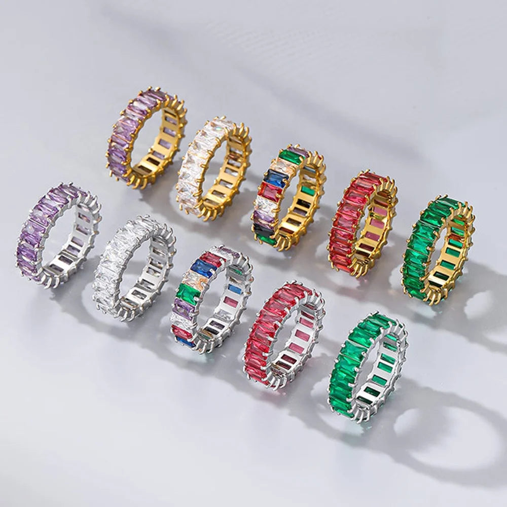 TG Luxury Cubic Zirconia Stainless Steel Classic Women's 18K Gold Plated Claw Setting Daily Wear Stackable Wedding Rings Square