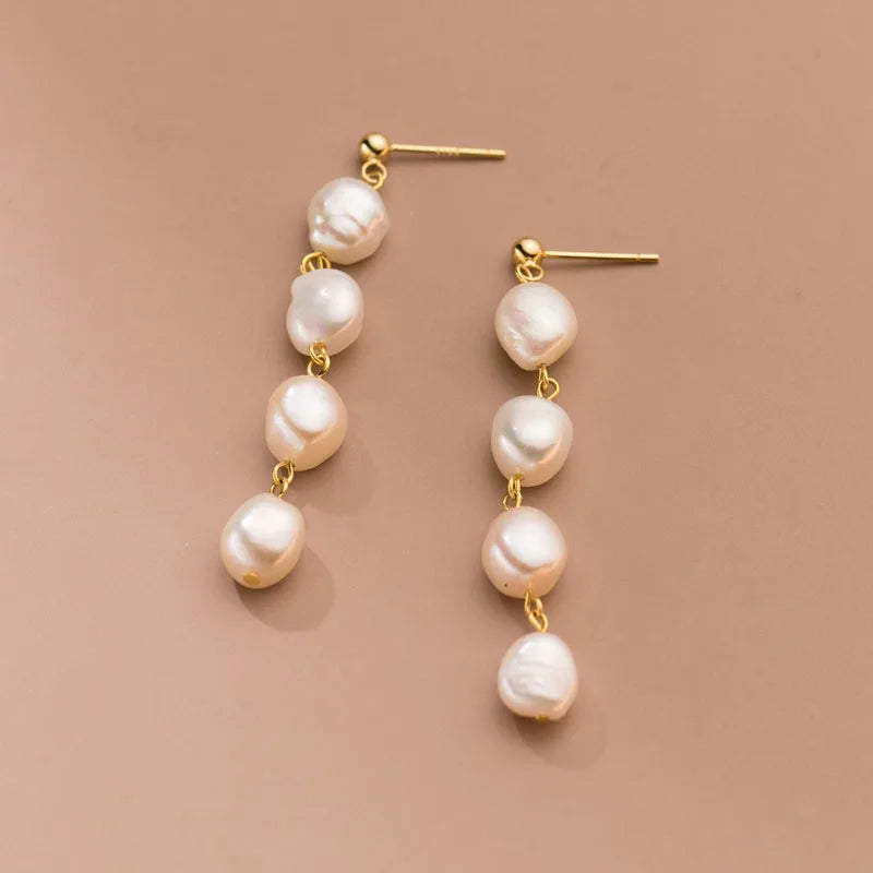 925 Sterling Silver 18K Gold Plated Handmade Baroque Freshwater Pearl Tassel Dangle Earrings for Girls