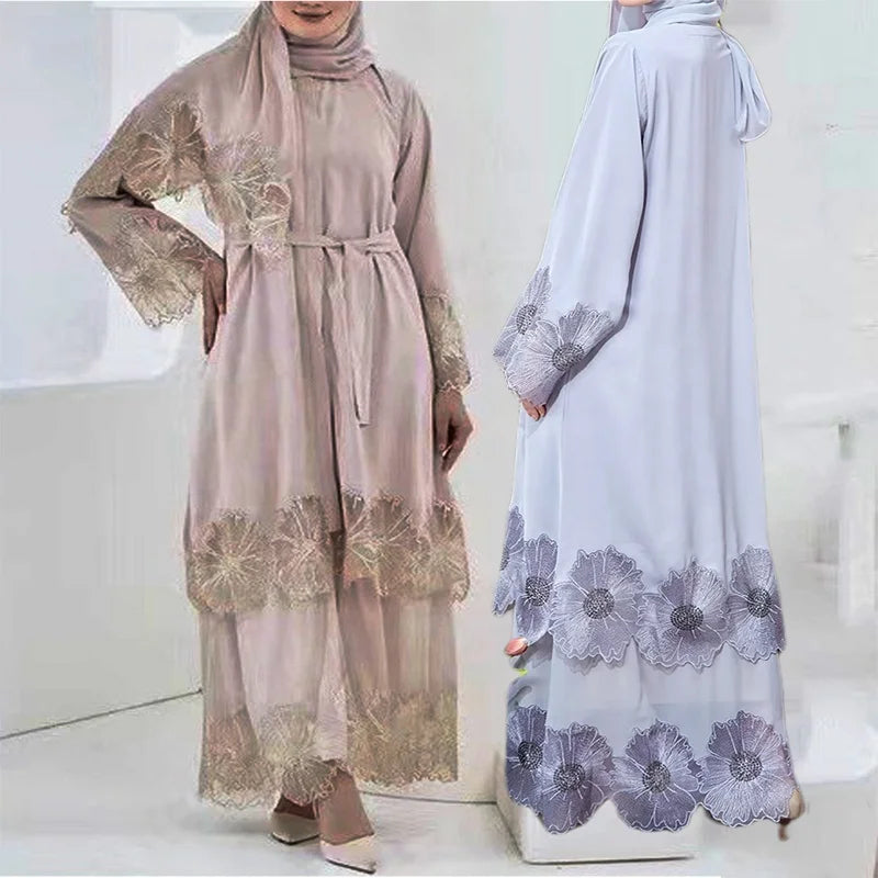 Kimono Open Abaya Malaysia Islamic Clothing Women Muslim Dress Lace Flower Layered Long Sleeve Abaya