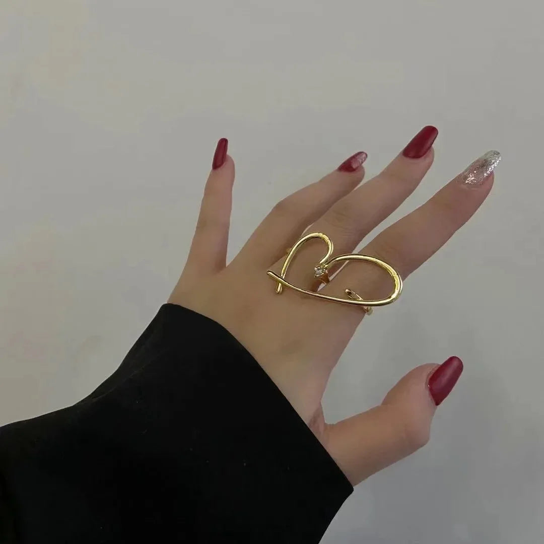 Women Boho Vintage Gold Knuckle Rings Rhinestone Crystal Ring love Two-finger Retro Metal Wide Ring French Ins Luxury