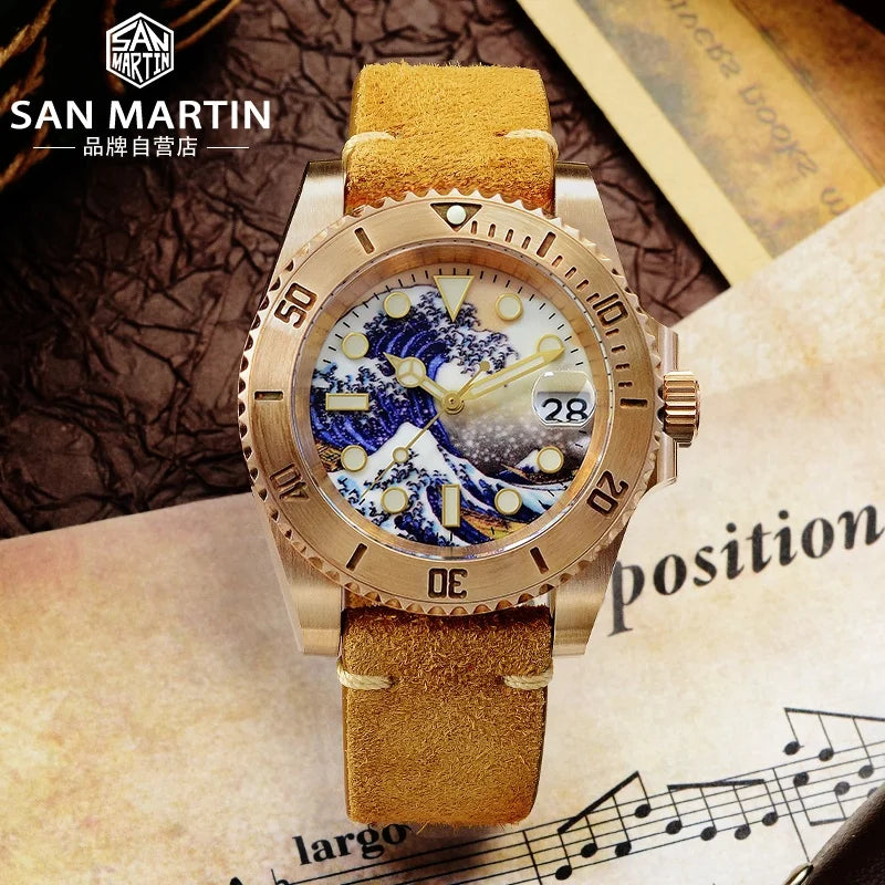 Rts Stock Free Ship San martin CUSN8 Bronze Copper NH35 Bgw9 Diver 20atm Sapphire Automatic Mechanical Leather Watch for Sale