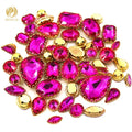 Rose Red 3D Mixed Shape Crystal Glass Loose Sew-on Rhinestones with Golden Lace Claw 12 Facets for DIY Garment Bags & Shoes
