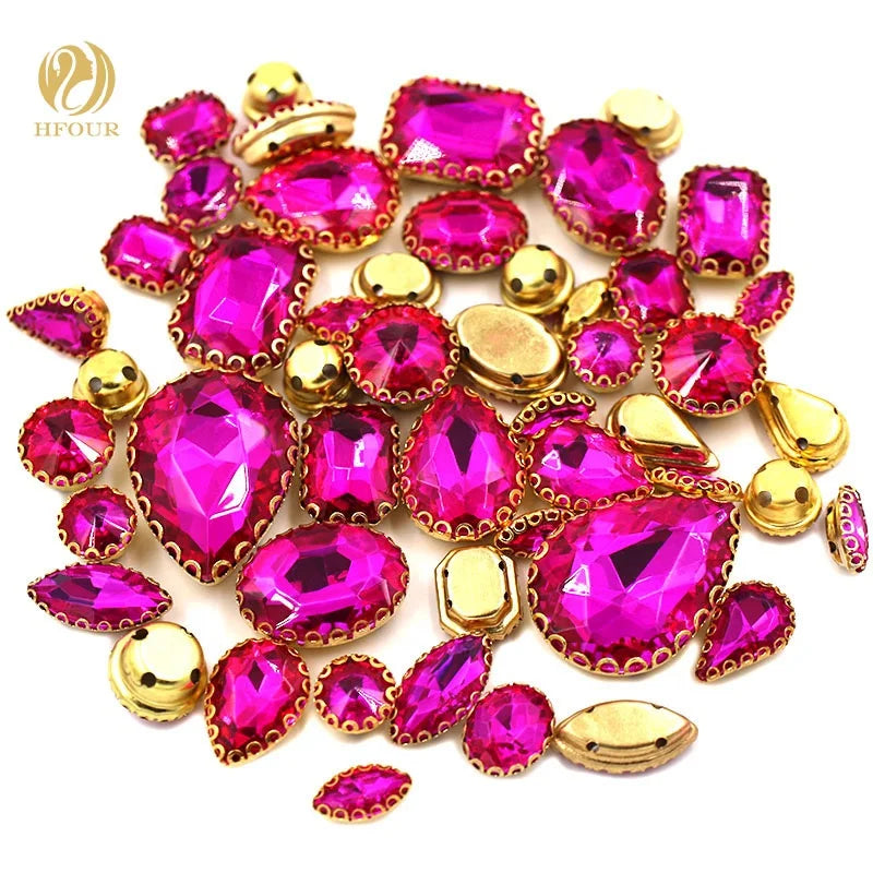 Rose Red 3D Mixed Shape Crystal Glass Loose Sew-on Rhinestones with Golden Lace Claw 12 Facets for DIY Garment Bags & Shoes