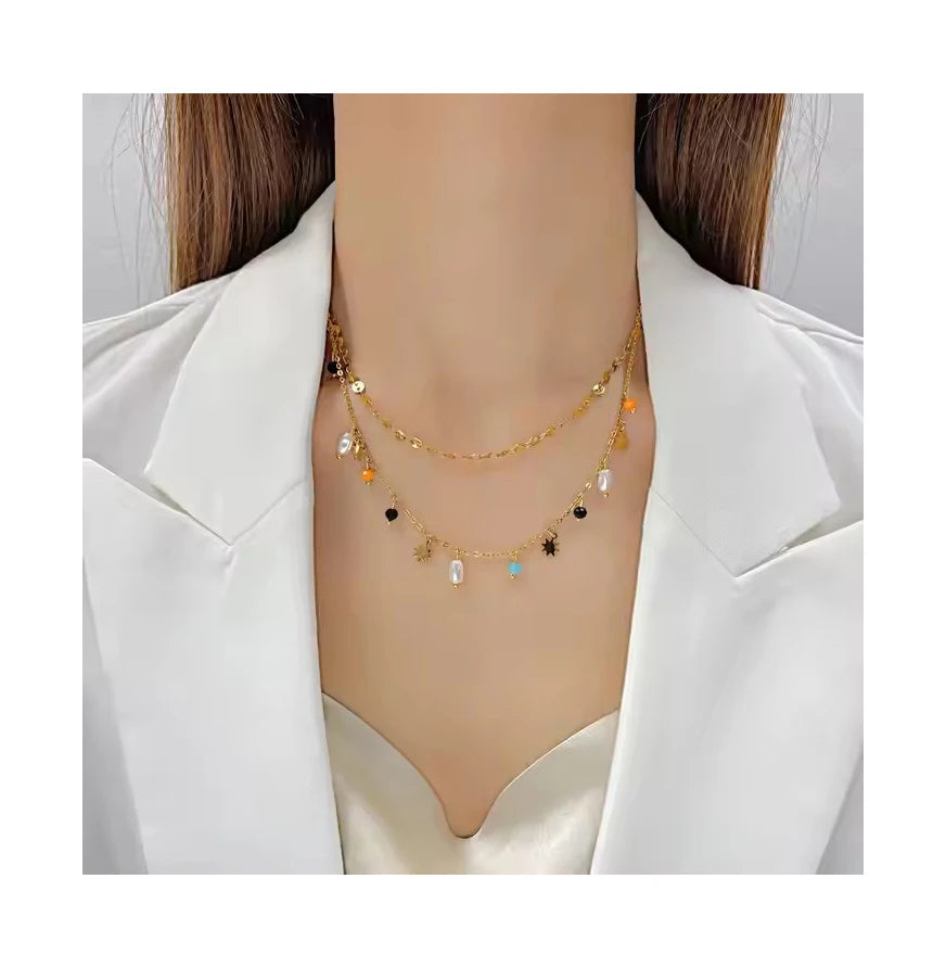 Y2K Fashion Double Layered Tassel Necklace Choker Gold Plated Stainless Steel Pearl Pendant Necklace for Women
