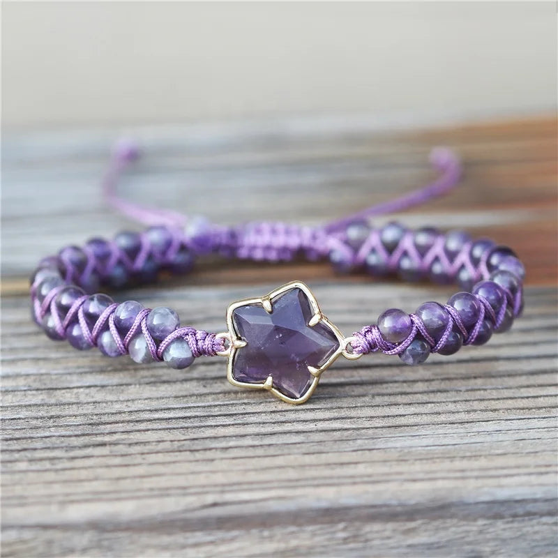 Bohemian Healing Natural Stone Amethyst Star Beads Braided Bracelet Women Handmade Woven Cuff Bracelet Lovers Jewelry Wholesale