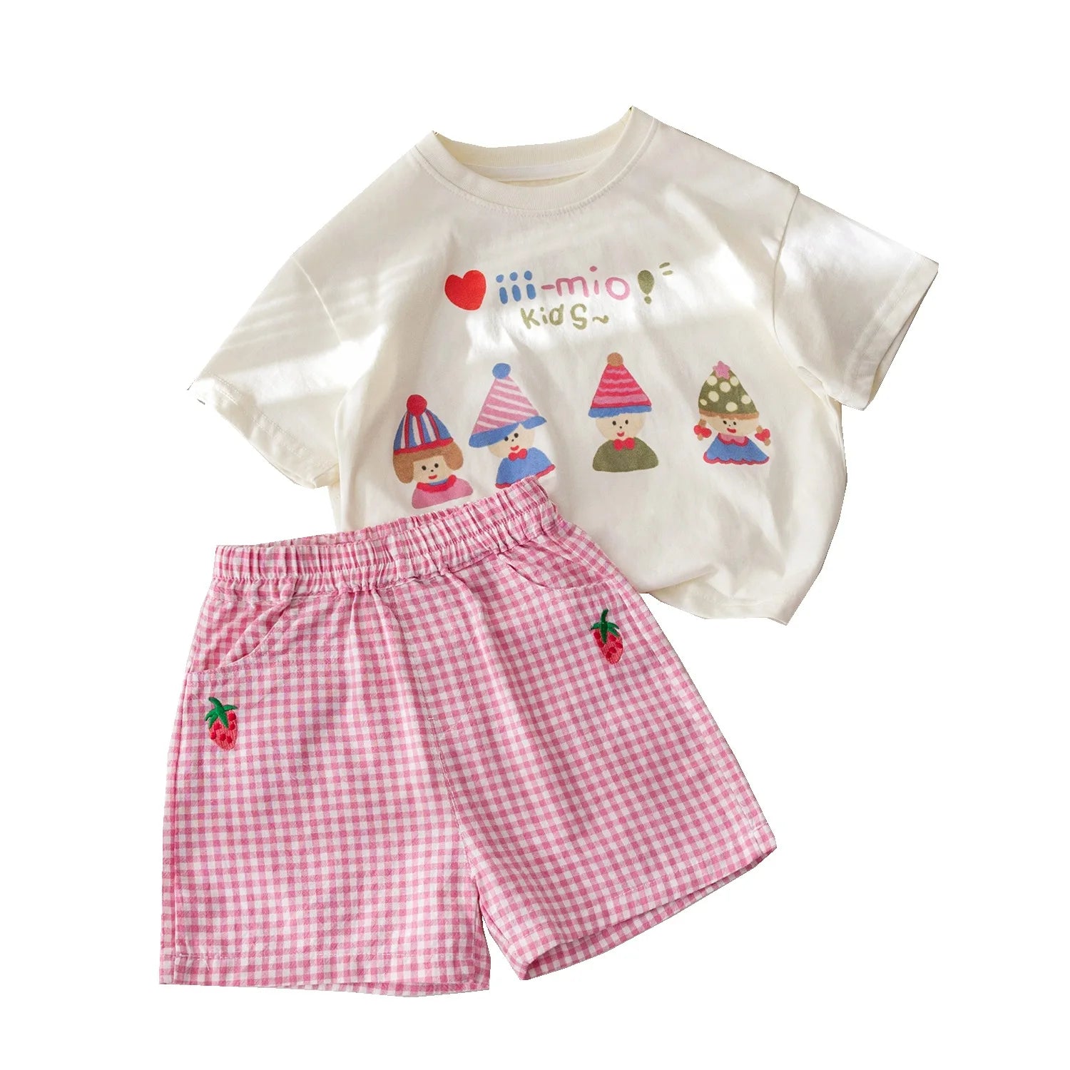 Girls' Suit Summer New Western Style Printed Short Sleeve T-shirt Pastoral Style Strawberry Embroidered Shorts Two-piece Set