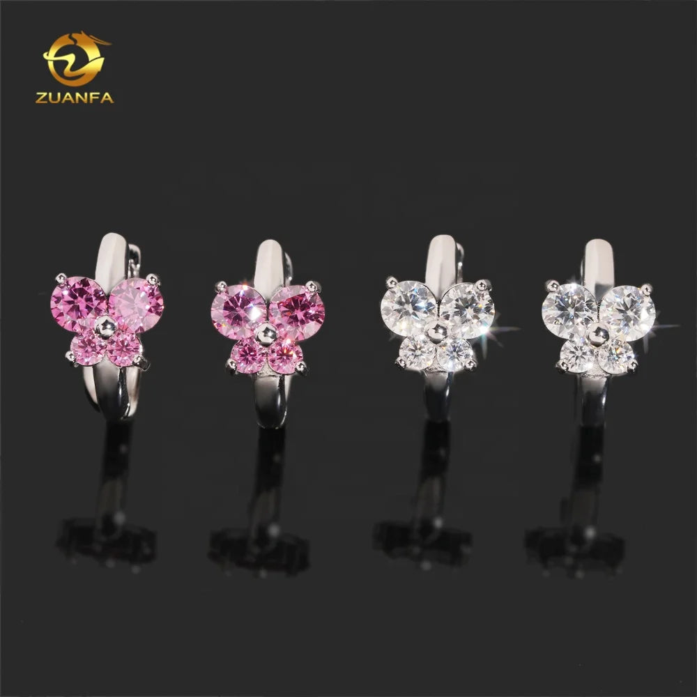 New Arrival Fashion Jewelry Butterfly Pink Moissanite 925 Silver Diamond Hoop Earrings