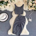 Summer Women 2pcs Black/Red Vintage Round Neck Knitted Short Tops + Drawstring Bodycon Skirt Female Two Piece Set New Holiday