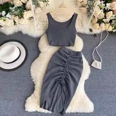 Summer Women 2pcs Black/Red Vintage Round Neck Knitted Short Tops + Drawstring Bodycon Skirt Female Two Piece Set New Holiday