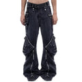 Custom Patchwork Cargo Trendy Men's Retro Wide Leg Jeans Stonewashed Denim Multi-Pocket Mid Waist Loose Straight Leg Pants