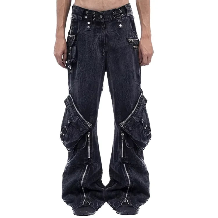 Custom Patchwork Cargo Trendy Men's Retro Wide Leg Jeans Stonewashed Denim Multi-Pocket Mid Waist Loose Straight Leg Pants