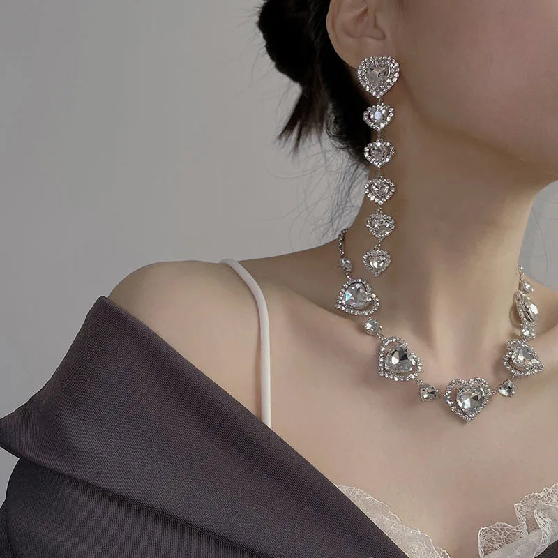 Luxury Fashion Bridal Jewelry Set Women's Heart Necklace with Flashing Diamonds and Long Tassel Earrings for Weddings