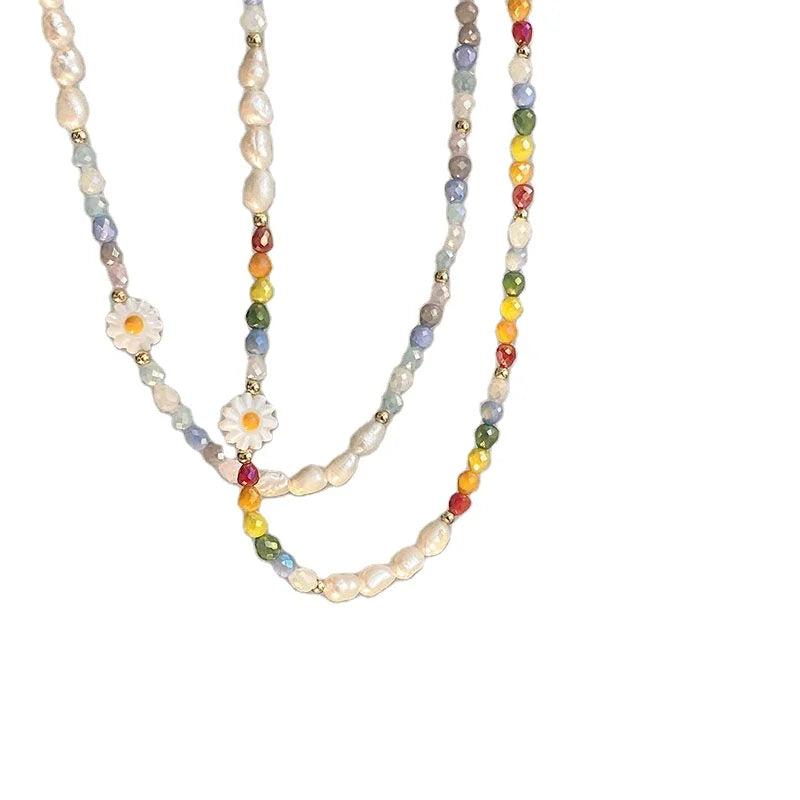 DAHE 2023 New Summer Daisy Beaded Necklace Female Sweet Fresh Fashion All-Match Shaped Pearl Clavicle Necklace