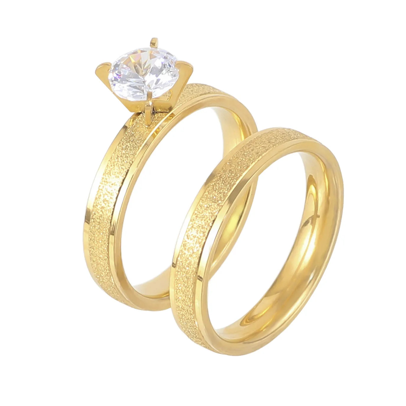 BINSHUO Wholesale Custom Stainless Steel Jewelry 18K Gold Plated Double Smooth Edge Frosted Zircon Couple Diamond Ring Men Women