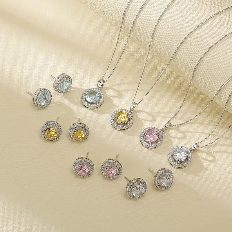 Wholesale New Light Luxury Brass16k Gold Silver Chain Necklace Round Crystal Pendant Necklace Earrings Set for Women