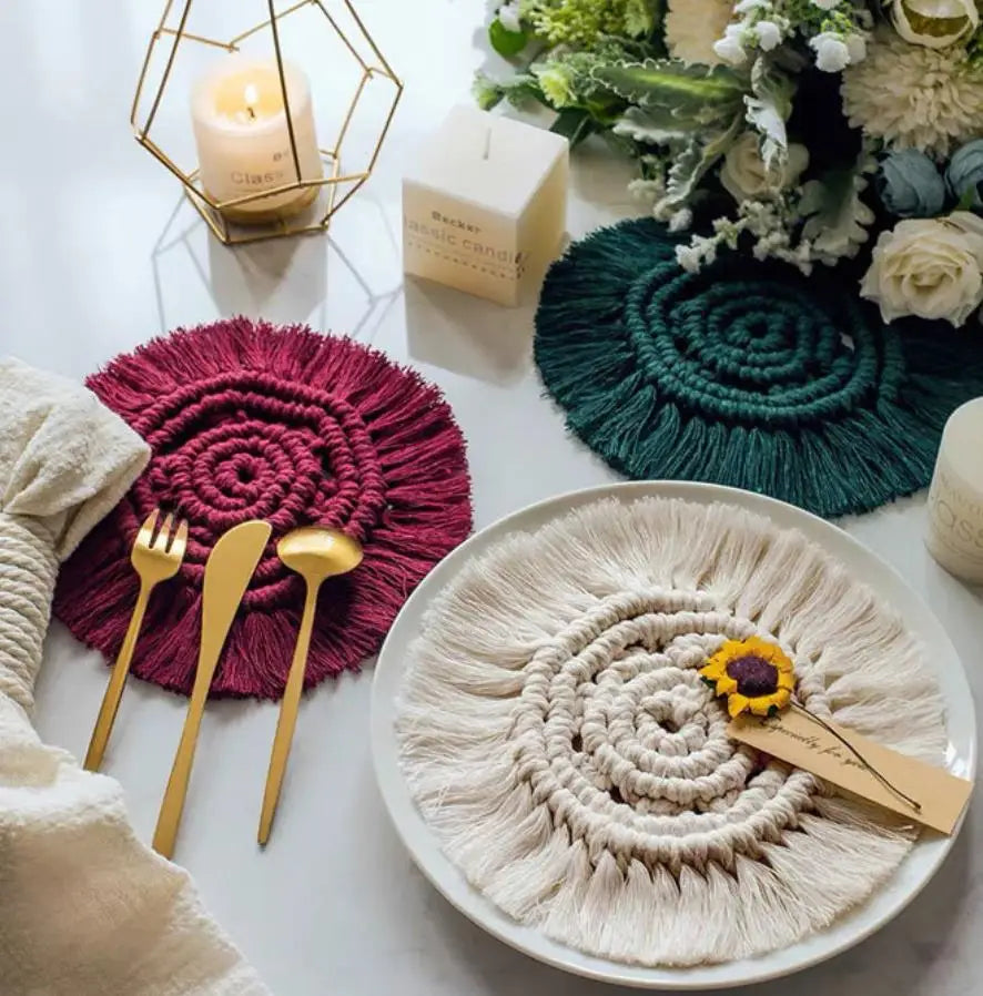 Cotton Macrame Coasters Heat Resistant Absorbent Handmade Woven Eco-Friendly Europe Bohemian Style Multi Color Customized Mats