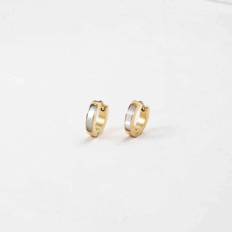 Women 18k Gold Platting Stainless Steel 13mm Shell Inlay Dainty Small Hoop Huggie Earrings