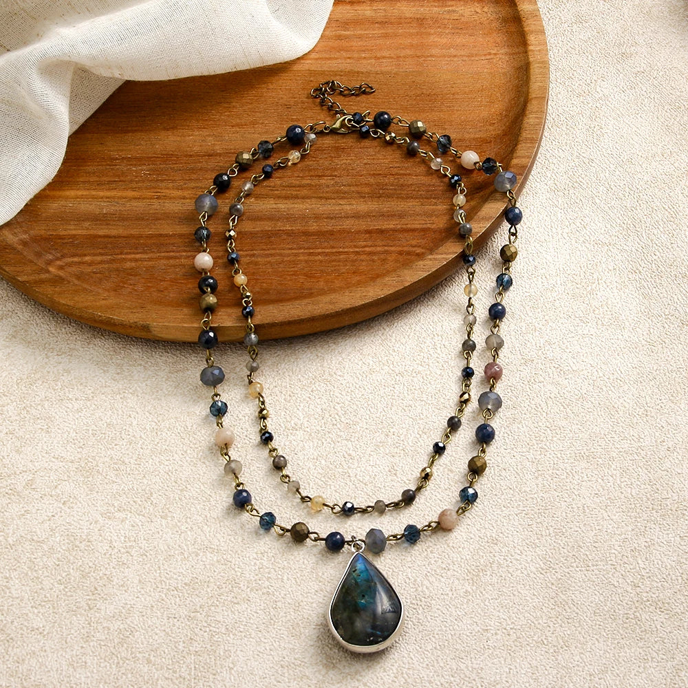 New Retro Ethnic Style Women Jewelry 2-Layer Needle Chain Natural Stone Glass Short Necklace Sparkling Labradorite Drop Pendant