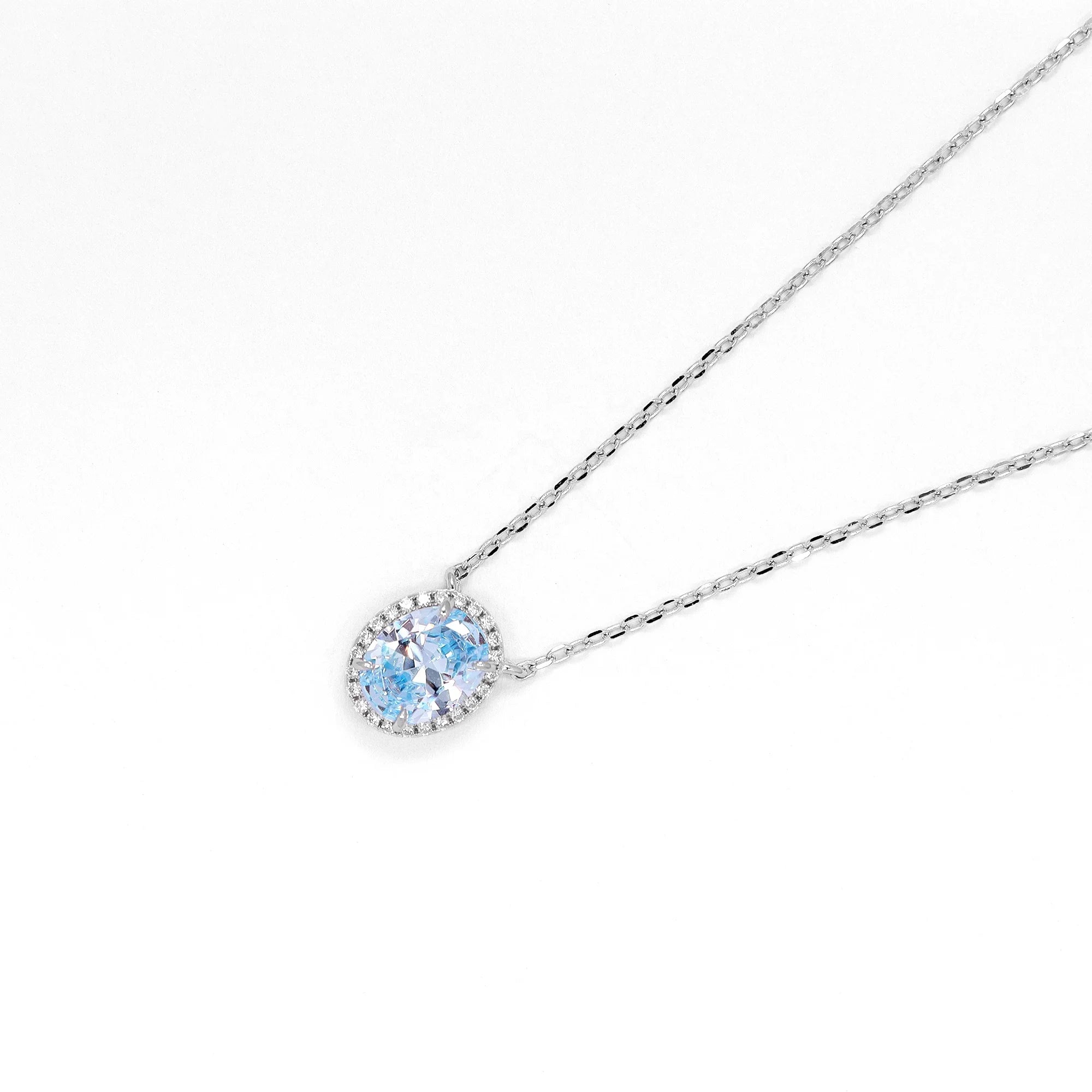 Classic Light Blue Oval Ice Cut Halo Pendant 925 Silver Rhodium Plated Jewelry Women'S Necklace