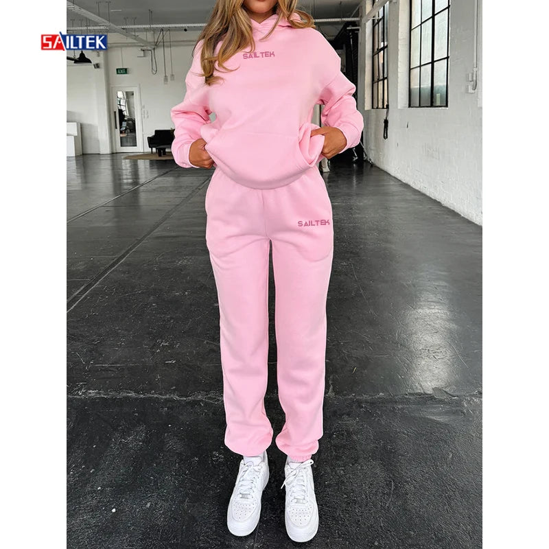 Wholesale Knitwear Suit Custom Puff Print Hoodie and Sweatpants Set Streetwear Hooded Tracksuit Flannel Y2k Women Set With Hood