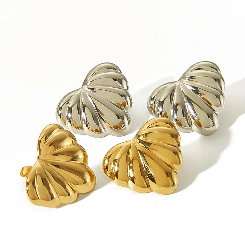 Stainless Steel Exaggeration Style Waterproof Jewelry 18k Gold Plated Striped Heart Shaped Earrings Hypoallergenic Women YF3873
