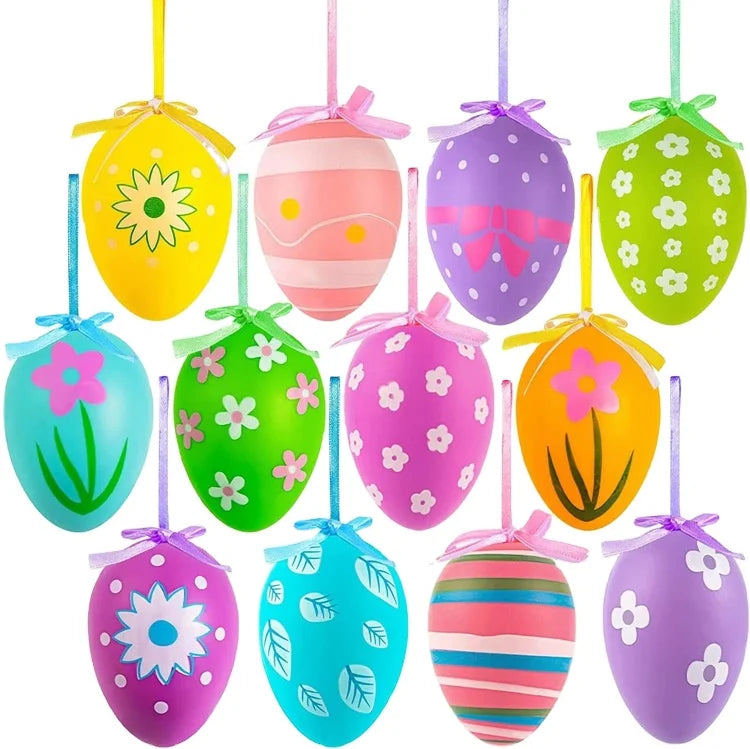 Hstyle 12pcs/pack New Colorful Egg Hanging Ornaments Easter Decoration Plastic Decorative Hand Painted Eggs Crafts Ornaments
