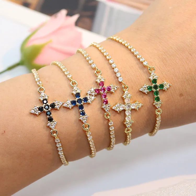 BC1501 Gold Plated Brass Cross Bracelets Zircon Tennis Bolo Chain Religious Cross Bracelets for Women Christian Jewelry