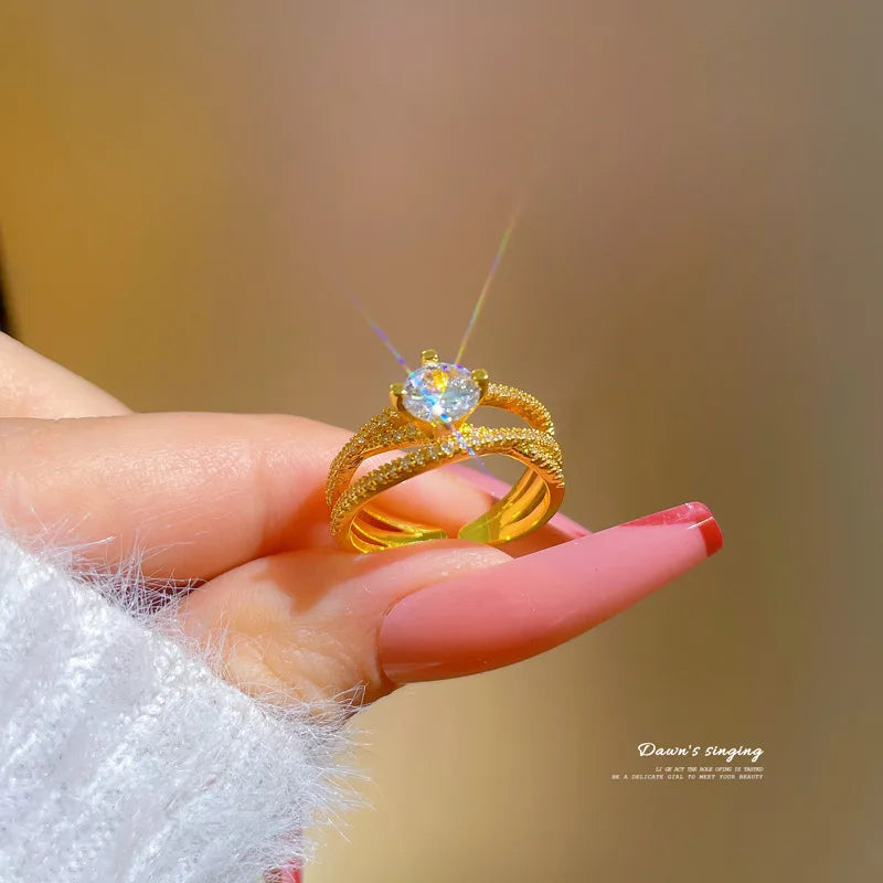Gold Plated Diamond Crystal Zircon Open Adjustable Rings for Women Jewelry Wedding Engagement Fashion Rings Gifts