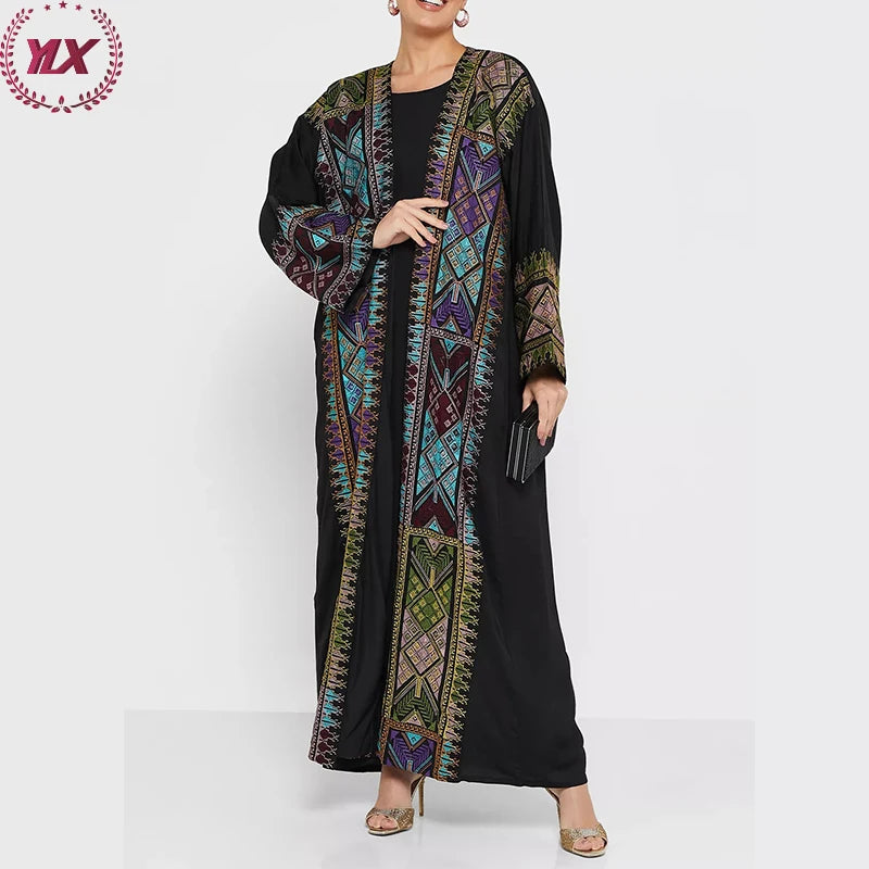 2023 Islamic Dubai Muslim Abaya Arabic Design Women Dress Embroidery Gulf Ramadan Black Abaya with Hijab OEM Service Adults