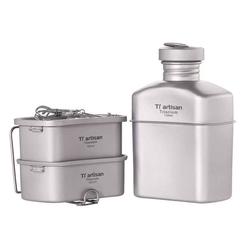 Titanium Water Bottle Cup Pot Canteen Mess Kit Set Outdoor Camping Cookware