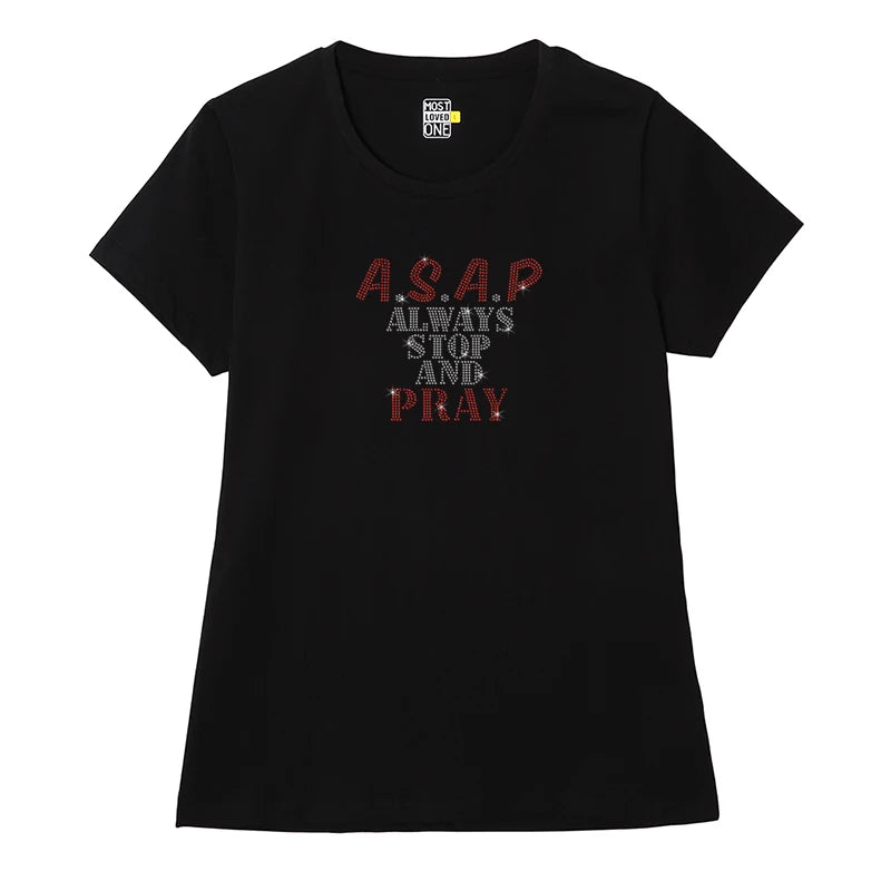 Stock Design ASAP Always Stop and Pray Iron on Rhinestone Transfer Decal Rhinestone Heat Transfer for T-shirts