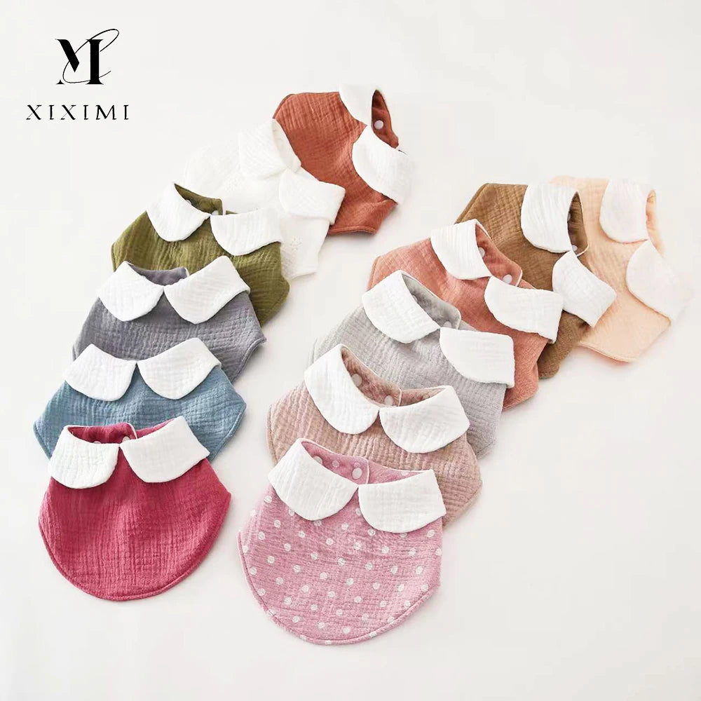 Soft Cotton Lovely Muslin Triangle White Collar Solid Color 3 Layers Absorbent Drooling Towel Bibs