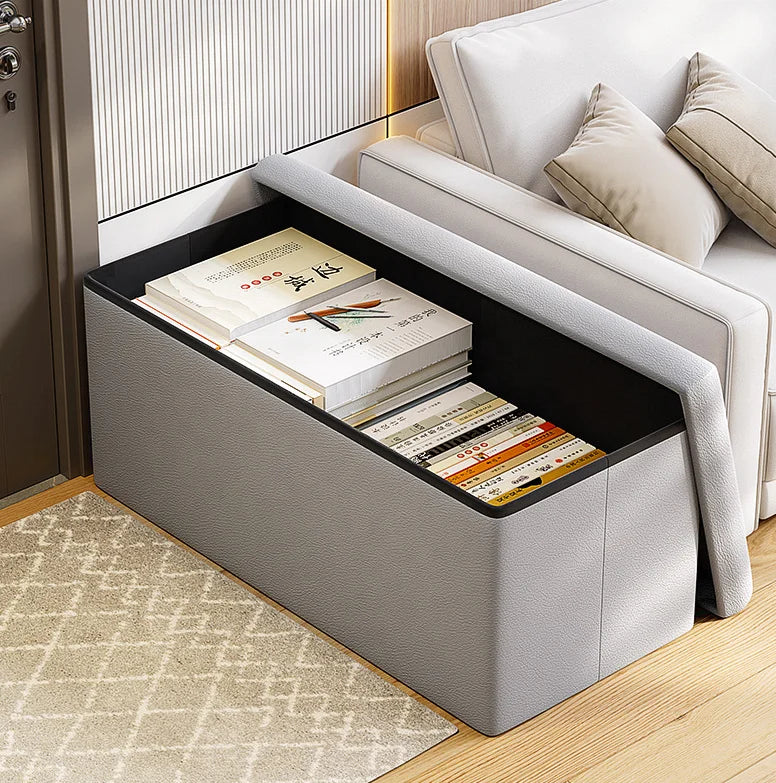 Basic Grey Collapsible Chair Bench with Storage Ottoman Rectangle Shape for Garage Work Bedside or Shoe Cabinet Storage
