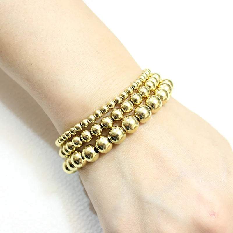 18K Gold Plated Waterproof Tarnish Free Elastic Adjustable Stainless Steel Bead Charm Bracelet-Classic Style Unisex