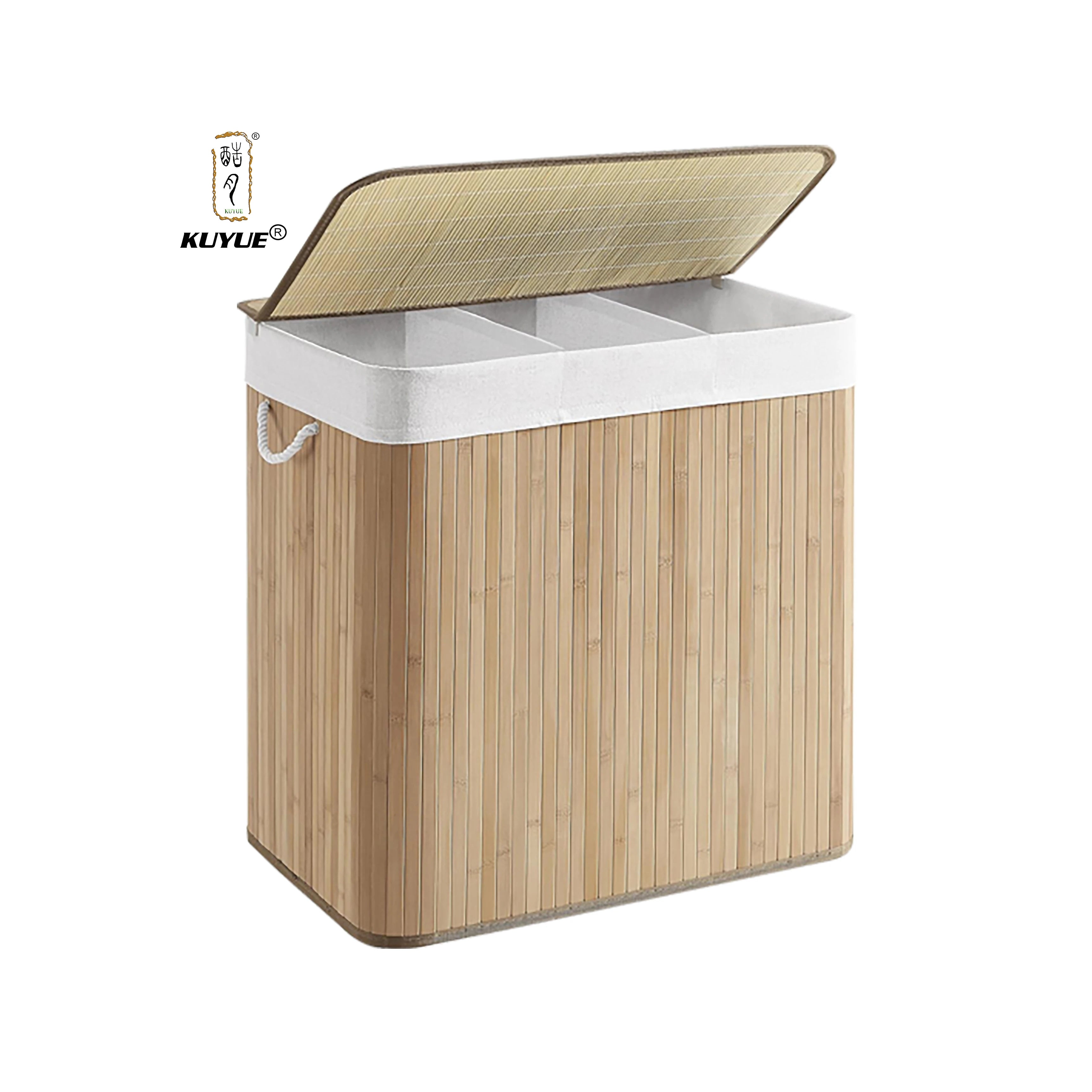 KUYUE Bamboo Rectangular Storage Hamper with 3 Handles Foldable Laundry Basket with Lid Multi-Purpose Bag for Clothes Washing