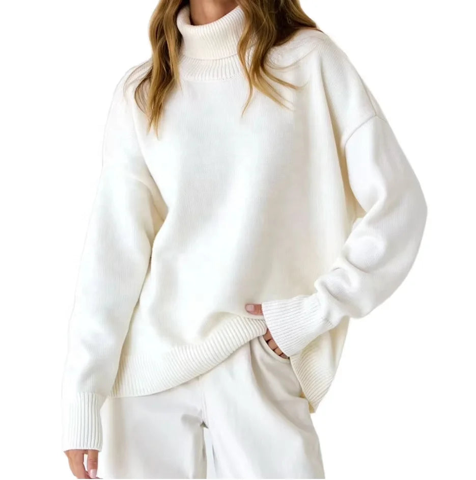 Winter New Fashion Urban Casual Color Contrast Design Thread Decoration Knitted Sweater Women