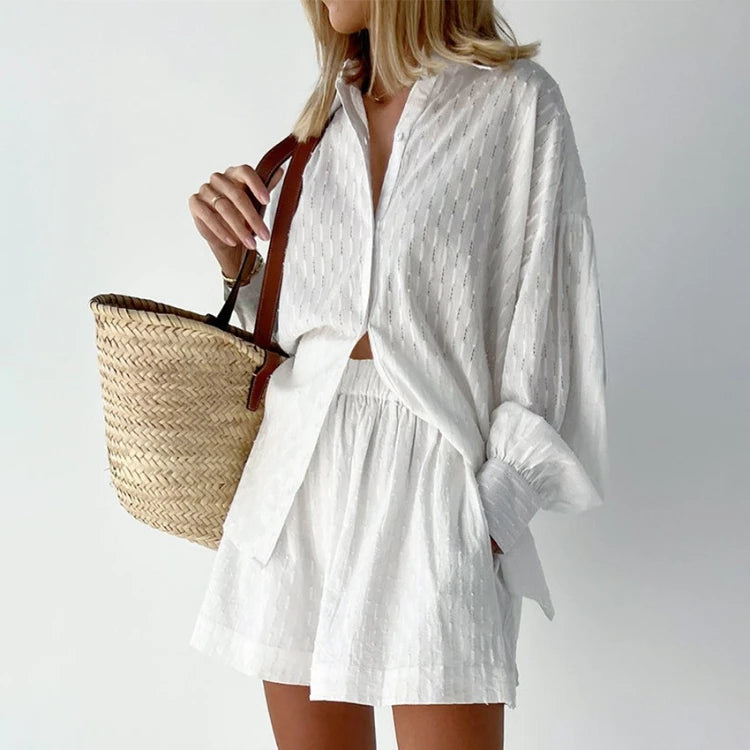 Enyami Summer Vacation Oversized Casual V-neck Top Pocket Loose Shorts Cotton Outfits 2 Piece Cotton Shorts Sets