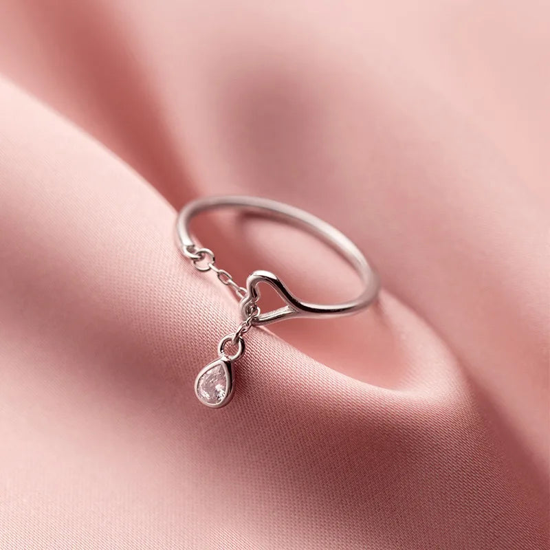 S925 Sterling Silver Love Heart Tassel Pendant with Zircon Open Wedding Ring Jewelry