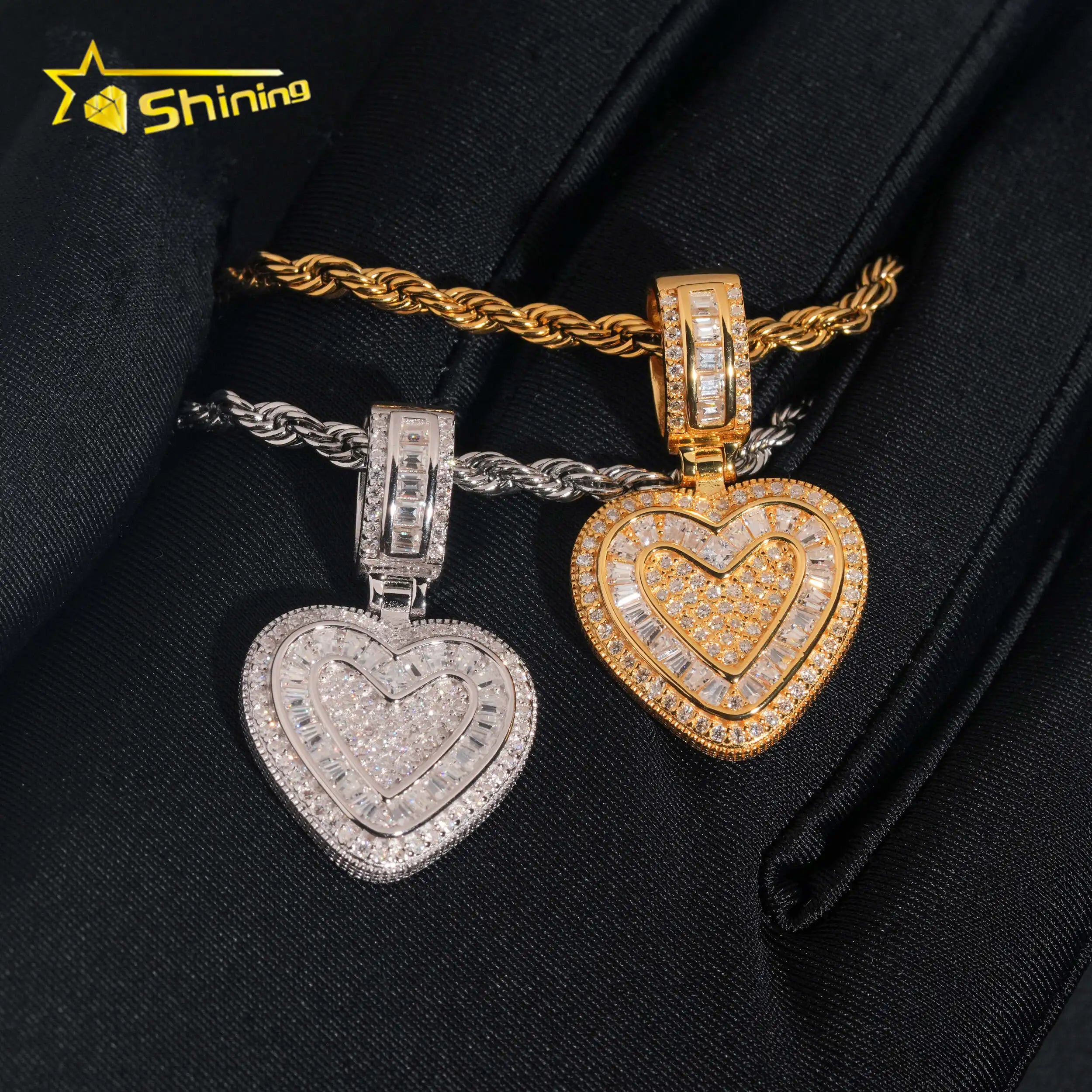 Baguette Mossanite Pendant  925 Sterling Silver VVS  Moissanite Iced Out Diamond Heart Pendant Fine Jewelry Ready to Ship