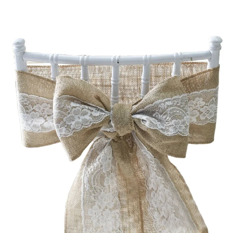 Wholesale Luxury 100% Burlap Satin Fabric Chair Sashes Wedding Banquet Lace Chair Covers for Home Use